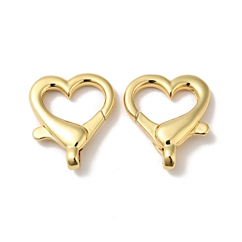 Heart Shape Brass Lobster Claw Clasps, Cadmium Free & Nickel Free & Lead Free, Real 18K Gold Plated, 25.5x21.5x6mm, Hole: 2x4mm