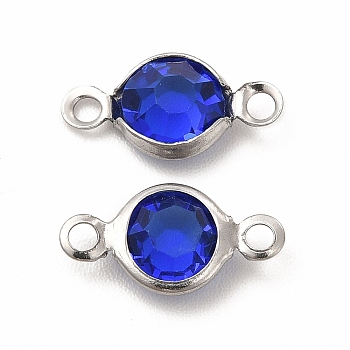 304 Stainless Steel with Glass Connector Charms, Flat Round Links, Stainless Steel Color, Blue, 12.5x7x2mm, Hole: 1.5mm
