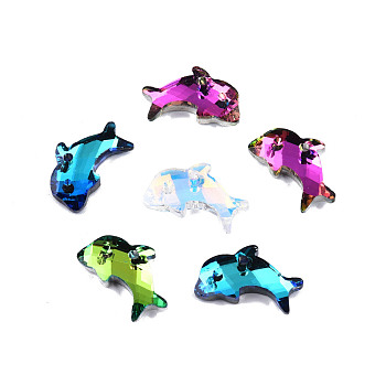 Electroplated Glass Pendants, Silver Plated Bottom, Faceted, Dolphin, Mixed Color, 21x13x4.5mm, Hole: 2mm