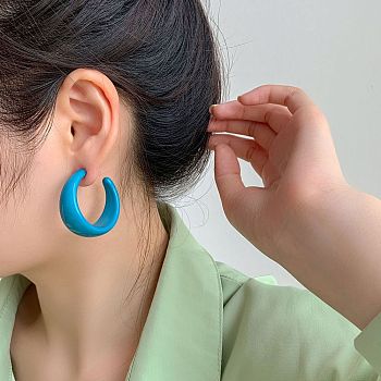 Acrylic C-Shape Stud Earrings, with Stainless Steel Pins, Platinum, Deep Sky Blue, 38x16mm