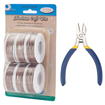 BENECREAT Round Aluminum Wire, with Iron Side Cutting Pliers, Coconut Brown, 15 Gauge, 1.5mm, 10m/roll, 6 rolls