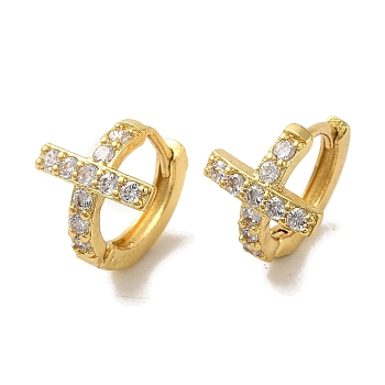 Cross Brass Stud Earrings, with Clear Cubic Zirconia, Cadmium Free & Lead Free, White, 15.5x12mm