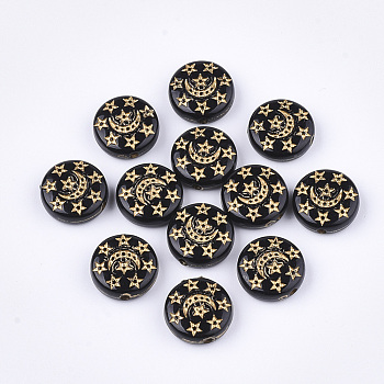 Plating Acrylic Beads, Metal Enlaced, Flat Round with Moon & Star, Black, 13x5mm, Hole: 1.5mm