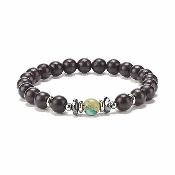 Synthetic Hematite & Natural Wood & Imperial Jasper(Dyed) Round Beaded Stretch Bracelet, Essential Oil Gemstone Jewelry for Women, Inner Diameter: 2-1/8 inch(5.4cm)