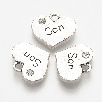 Mother's Day Theme, Alloy Rhinestone Pendants, Heart with Word Son, Crystal, 14~15x16~16.5x3mm, Hole: 2~3mm
