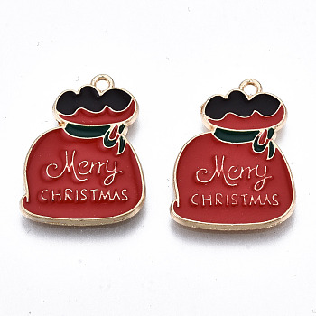 Eco-Friendly Alloy Enamel Pendants, Cadmium Free & Lead Free & Nickel Free, Lucky Bag with Word Merry Christmas, Light Gold, Crimson, 21x16x1.2mm, Hole: 1.5mm