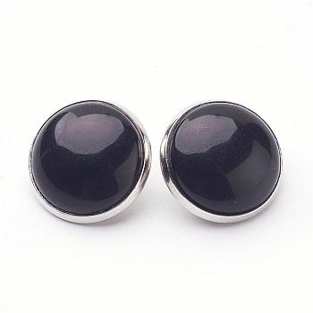 Natural Black Agate Brass Clip-on Earrings, Flat Round, Platinum, 14~15x12~13mm