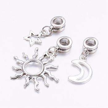 Tibetan Style Alloy European Dangle Charms, Star, Sun & Moon, Antique Silver, 25~38mm, Hole: 4.5mm