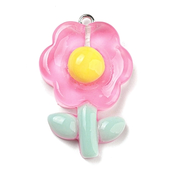 Translucent Resin Pendants, Flower Charms, with Platinum Tone Iron Loops, Hot Pink, 35x22x8mm, Hole: 1.6mm