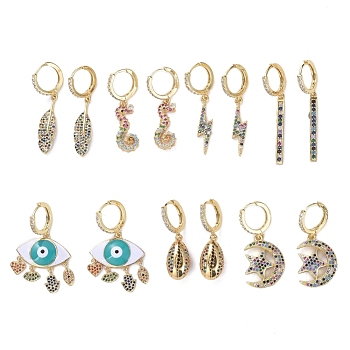 Hoop Earrings, Dangle Earrings, with Enamel and Golden Plated Brass Cubic Zirconia Pendants, Mixed Shapes, with Cardboard Box, Mixed Color, 33~43mm
