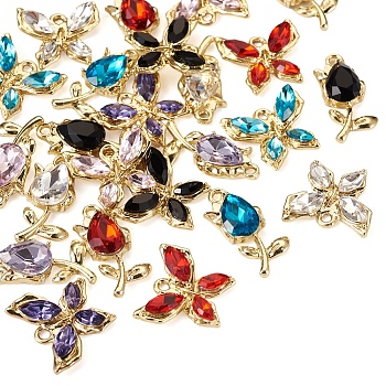 24Pcs 12 Style Glass Rhinestone Pendants, with Golden Alloy Findings, Butterfly & Flower Charms, Mixed Color, 16~22x9.5~17.5x4~5mm, Hole: 1.6~1.8mm, 2Pcs/style