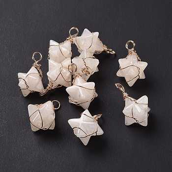 Natural Quartz Crystal Copper Wire Wrapped Pendants, Rock Crystal, Merkaba Star Charms, Golden, 26~31x20~21x13~15mm, Hole: 5~5.5mm