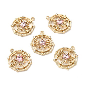 Faceted Glass Pendants, with Light Gold Plated Alloy Findings, Flat Round with Star, Pearl Pink, 29.5x26x5mm, Hole: 1.6mm
