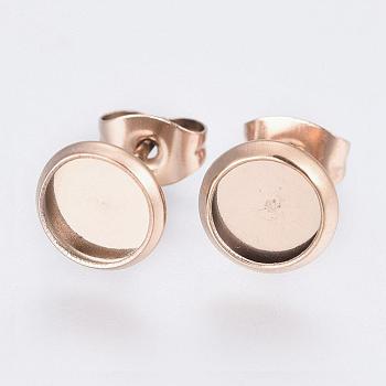Ion Plating(IP) 304 Stainless Steel Stud Earrings Findings, Flat Round, Rose Gold, Tray: 12mm, Pin: 0.9mm