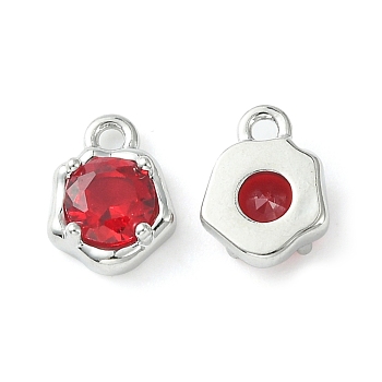 Brass Micro Pave Cubic Zirconia Charms, Irregular Shape Charm, Real Platinum Plated, Red, 9x7x3mm, Hole: 1.4mm
