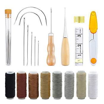 Leather Working Tools Kit, Including Stitching Needles, Waxed Thread, Scissors, Awl, Tape Measure and Sewing Thimble, for DIY Leather Craft, Mixed Color, 29pcs/set