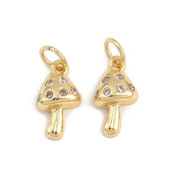 Brass Micro Pave Cubic Zirconia Charms, Mushroom, Rack Plating, Cadmium Free & Lead Free, Long-Lasting Plated, Real 18K Gold Plated, with Jump Ring, Clear, 12.5x7x4mm, Hole: 3mm