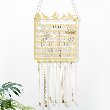 Rectangle with Bird Iron Wall Mounted Jewelry Display Rack, For Hanging Necklaces Earrings Bracelets, Golden, 51x23x1.5cm