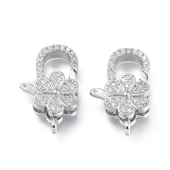 Brass Micro Pave Clear Cubic Zirconia Lobster Claw Clasps, Long-Lasting Plated, Flower, Platinum, 20x13x6.3mm, Hole: 1.8mm