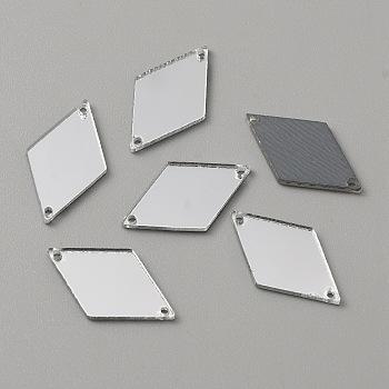 Rhombus Acrylic Mirror Sew on Rhinestone, Garments Accessories, 2-Hole Links, Silver, 23.5x13.5x1.3mm, Hole: 1mm