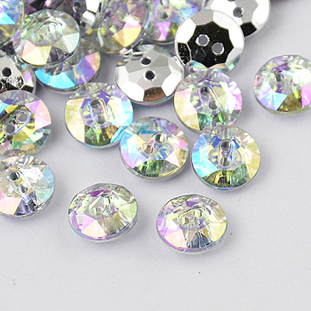 2-Hole Taiwan Acrylic Rhinestone Flat Round Buttons, Faceted & Silver Plated Pointed Back, Clear, 21x7mm, Hole: 1mm