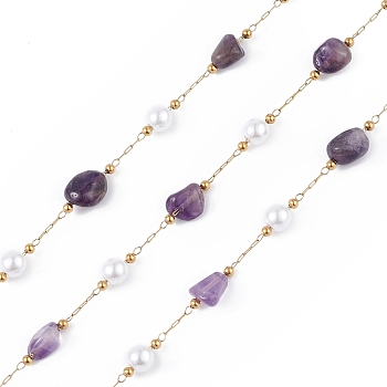 Natural Amethyst Nugget & Glass Imitation Pearl Beaded Chain, with Golden 304 Stainless Steel Satellite Chains, Unwelded, with Spool, 5~12x4~8x4~7mm, 6x5mm, 2.5x2mm, about 32.81 Feet(10m)/Roll