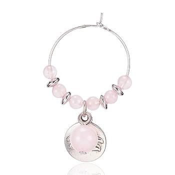 Natural Rose Quartz Wine Glass Charms, with Alloy Lotus Pendants and Brass Hoops, 46x27mm
