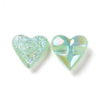 Rainbow Iridescent Plating Acrylic Beads, Glitter Beads, Heart with Flower Pattern, Aquamarine, 32x32x13.5mm, Hole: 3mm