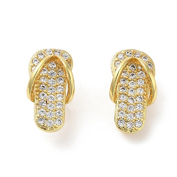 Rack Plating Brass Flip Flops Stud Earrings with Cubic Zirconia, Lead Free & Cadmium Free, Real 18K Gold Plated, 12.5x7mm