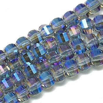 Electroplate Glass Beads Strands, Rainbow Plated, Faceted, Round, Dodger Blue, 6x5x5mm, Hole: 1mm, about 95~96pcs/strand, 17.20 inch(43.7cm)
