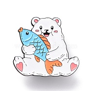 Bear with Fish Enamel Pin, Animal Alloy Enamel Brooch for Backpack Clothes, Electrophoresis Black, White, 26x28x10.5mm, Pin: 1mm.(JEWB-O005-M12)