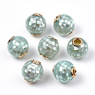 Natural White Shell Beads, with Brass Findings, Round, Dyed, Aquamarine, 10.5~11x10mm, Hole: 2mm(SSHEL-N034-131D)