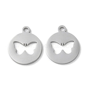 304 Stainless Steel Charms, Laser Cut, Flat Round with Butterfly Charms, Stainless Steel Color, 14.5x12x1mm, Hole: 1.6mm(STAS-F300-01P)