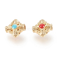 Brass Beads, with Enamel, Cross, Red & Turquoise, Real 18K Gold Plated, 10x10x4.8mm, Hole: 1mm(KK-I679-06G)