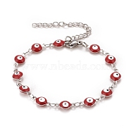 Enamel Oval with Evil Eye Link Chains Bracelet, 304 Stainless Steel Jewelry for Women, Stainless Steel Color, Red, 6-1/2 inch(16.5cm)(BJEW-P271-04P-01)