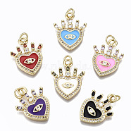 Brass Micro Pave Clear Cubic Zirconia Pendants, with Enamel and Jump Rings, Cadmium Free & Nickel Free & Lead Free, Real 16K Gold Plated, Heart with Eye, Mixed Color, 21x16.5x2.5mm, Jump Ring: 5x1mm, 3mm inner diameter(ZIRC-S067-020-NR)