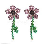 Imitation Austrian Crystal Flower of Life Dangle Stud Earrings, Glass Beads Drop Earrings, Purple, 75x30mm, Pin: 0.6mm(EJEW-TA00029-03)