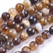 Natural Striped Agate/Banded Agate Beads Strands, Round, Faceted, Dyed, Coconut Brown, 8mm, Hole: 1mm, about 47~48pcs/strand, 14.8~15.1 inch(37.7~38.5cm)(G-P364-04-8mm)