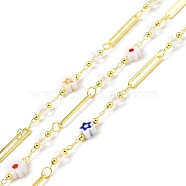 Handmade Eco-friendly Brass Long Oval Link Chain, with Glass Flower & Star Beaded, Long-Lasting Plated, Golden, Soldered, with Spool, Colorful, 15x2.5x0.5mm(CHC-E023-14G)