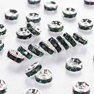 Brass Grade A Rhinestone Spacer Beads, Silver Color Plated, Nickel Free, Emerald, 4x2mm, Hole: 0.8mm(RSB034NF-12)