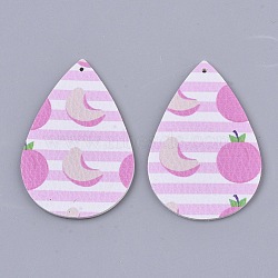 PU Leather Big Pendants, Double-Sided Fruit Pattern, teardrop, with Peach Pattern, Pink, 56x37x2mm, Hole: 1.6mm(FIND-R072-10-A07)