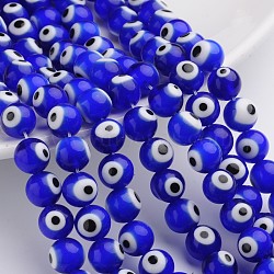 Handmade Lampwork Beads, Evil Eye, Round, Blue, 10mm, Hole: 1.5mm, about 38pcs/strand(DF019Y-3)