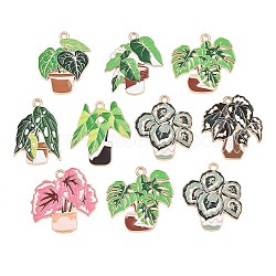 Alloy with Enamel Pendants, Green Potted Plants Charms, Light Gold, Mixed Color, 26.5~28x19.5~27x1mm, Hole: 2mm(AL-CBA8036-02)