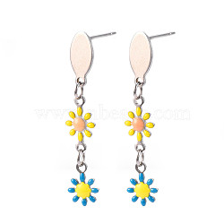 Flower Enamel Long Dangle Stud Earrings, Stainless Steel Color Plated 304 Stainless Steel Jewelry for Women, Deep Sky Blue, 38x6mm, Pin: 0.8mm(EJEW-N049-03A)