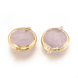 Natural Rose Quartz Links connectors, with Brass Findings, Flat Round, Golden, 23x18x6.5~7mm, Hole: 1mm(G-P403-A04-G)