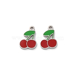 304 Stainless Steel Charms, with Enamel, Cherry Charm, Red, 10.5x7x1.2mm, Hole: 1.2mm(STAS-R005-14P)