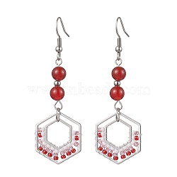 304 Stainless Steel Linking Ring Dangle Earring, Natural Carnelian and Glass Beads, Hexagon, 64x21mm(EJEW-MZ00132)