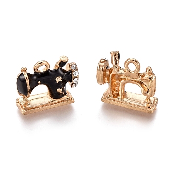 Alloy Pendants, with Enamel and Crystal Rhinestone, Sewing Machine, Golden, Black, 13.5x16x6mm, Hole: 2mm