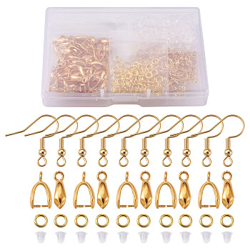 304 Stainless Steel Earring Hooks, with Loop, Brass Ice Pick Pinch Bails & Open Jump Rings, Plastic Ear Nuts, Golden, 340pcs/box
