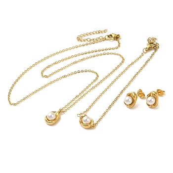 Round Plastic Imitation Pearl Pendant Necklaces & Bracelets & Stud Earrings Sets, 304 Stainless Steel Jewerly Set for Women, Oval, Golden, 17.91 inch(455mm)
